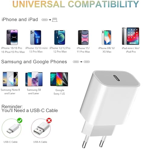 Adaptador de Corriente USB-C de 20W para Apple, 20W USB C Cargador Rápido Enchufe Compatible con iPhone 16 15 14 13 12 11/16 15 14 Pro/15 14 Pro Max/15 16 Plus /13 12 Pro MAX/Mini, iPad, Samsung - imagen 3