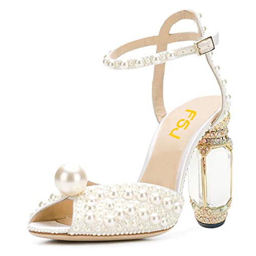 Fsj Women Peep Toe Studded Heeled Sandals Ankle Buckle Chunky Block Thick Heels Slingback Elegant Ballroom Dance Banquet Shoes White Pearl Size 6 #TOP16