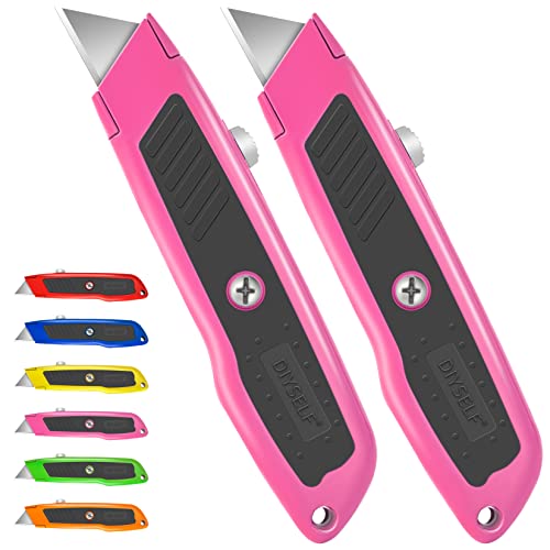 Image of DIYSELF 2 Pack Box Cutter Retractable Heavy Duty Utility Knife, Ergonomic Razor Knife for Warehouse, Office, Exacto Knives Box Opener for Package, Cardboard (Pink)