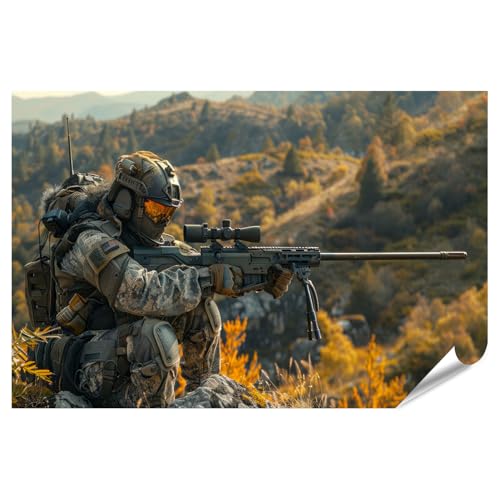 islandburner XXL Bild Poster Soldat im Tarnanzug mit Scharfschützengewehr in herbstlicher Landschaft für Wohnzimmer Militärinteressierte Militärgeschäft Premium Bilder Fotodruck
