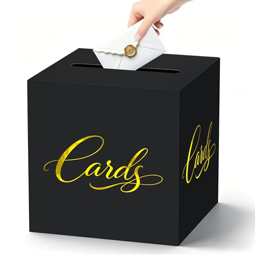 Image of Black and Gold Wedding Card Box for Reception, 8.7 inch Cardstock Card Holder for Graduation, Anniversary, Birthday, Retirement, Elegant Party Gift Box for Envelopes and Money, Easy Assembly