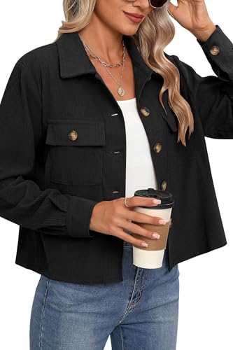 HVEPUO Corduroy Button Down Shacket For Women Fall Casual Cropped Jacket Long Sleeve Going Out Cute Loose Shirts With Pockets - Main Image