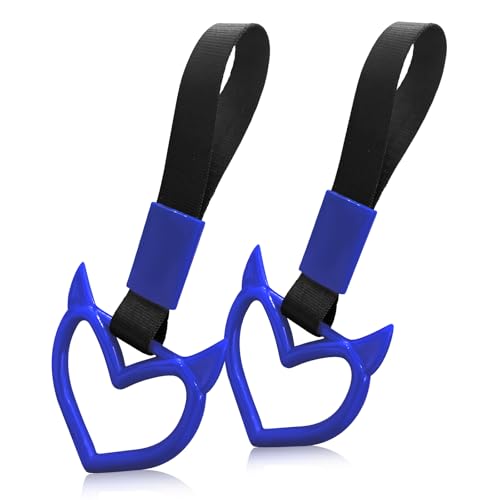 Image of 2 Pcs Devil Heart Shaped Car Handle Strap - JD M Drift Charm Rear Bumper Warning Ring Decor for Car Interior Exterior, Subway Bus Handle Accessory, Cute Heart Car Decor Gift (Blue)