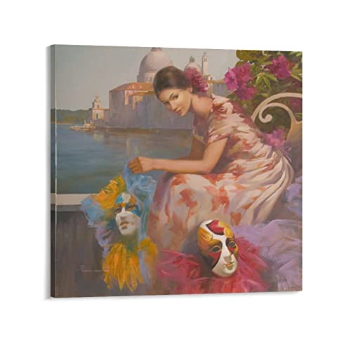 Venice Mask Wall Art Cityscape Wall Art Surreal Wall Art Mask Ball Decoration Canvas Posters Prints Picture For Living Room Bedroom Office Kitchen Decor 28X28Inch(70X70Cm) Frame-Style #TOP30