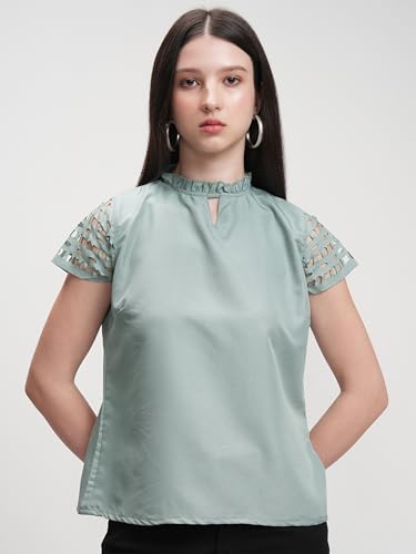 Image of Tokyo Talkies Women's Self-Design A-Line Top | Lace Short Sleeves | High Neck with Keyhole | Elegant & Feminine | Perfect for Casual Wear | Tops for Woman | Women Tops | Stylish Top