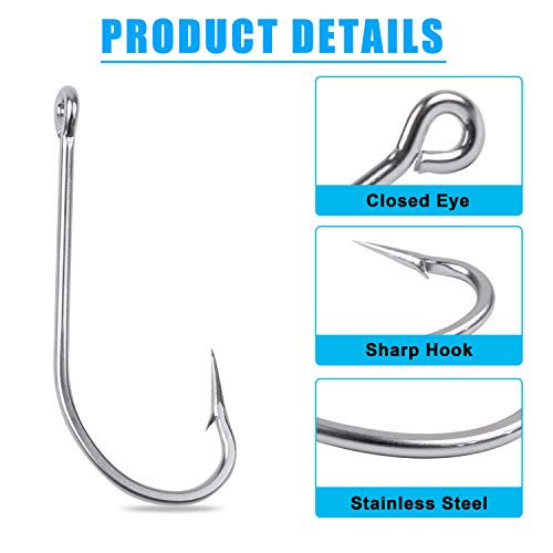 Saltwater Long Shank Fishing Hooks 60pcs Stainless Steel Fishing Hooks O'Shaughnessy J Hooks 34007 Forged Hook Extra Strong Trolling Hooks for Saltwater Freshwater Fishing (1/0) - Thumbnail 2