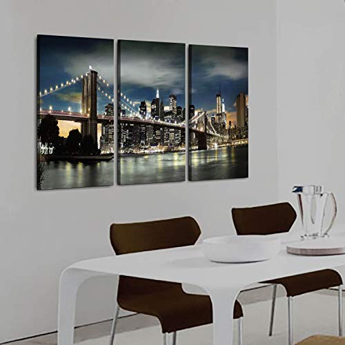 Artistic Path Cityscape Artwork Landscape Reflection Paintings : Nyc Brooklyn Bridge And Skyscrapers At Night Graphic Art Prints On Canvas For Office (60" W X 34" H X 3 Pcs, Multi-Sized) #TOP2