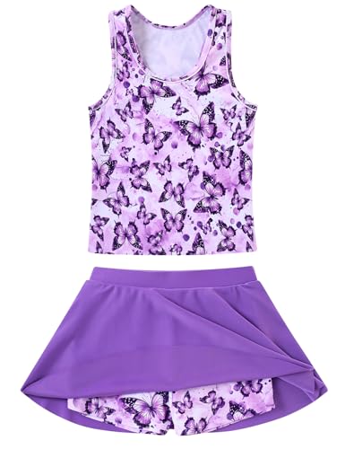Vogseek Swimsuits for Girls Two Pieces Sleeveless Tankini Sets with Skirt Shorts Girl's UPF 50+ Summer Beach Purple Butterflyss Cool Bathing Suits 3D Printed Child Fun Rash Guard Swimwear, 7 8 Years
