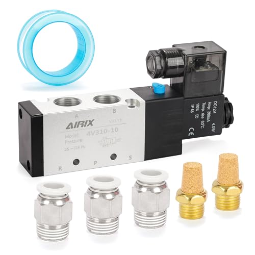 AIRIX 4V310-10 Pneumatic Solenoid Valve DC12V, 2 Position 5 Way, 3/8" NPT, Pilot-Operated Single Coil, Fast Response Electric Air Valve with Junction Box & Quick Connect Fittings