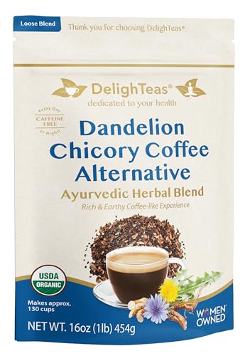 DelighTeas Organic Coffee Alternative | Ayurvedic Herbal Chicory Dandelion Coffee | Coffee Substitute | USDA Organic, Caffeine Free, Gluten Free | With Sweet Notes of Carob | 130 servings, 16oz.