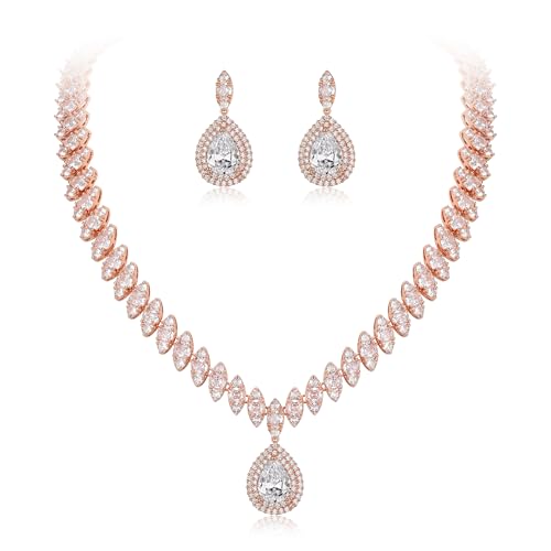 EVER FAITH Women's CZ Marquise-Shaped Leaf Teardrop Pendant Necklace Earrings Set Silver-Tone