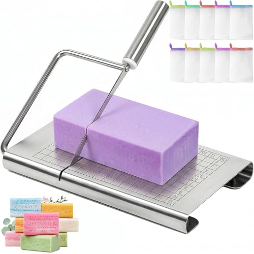 Soap Cutter for Handmade Soap Stainless Steel Soap Cutters with Scale for Soap Making Loaf Slicer DIY Craft Soap Candle.Includes 10 soap Bags for Families & Small soap Shops