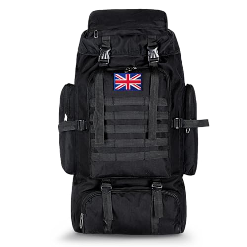 Lesbyit 80L Waterproof Hiking Backpack, Lightweight Tactical Rucksack for Camping & Travel, Large Capacity, with 2 British Flags, Black (BLACK) (Black)