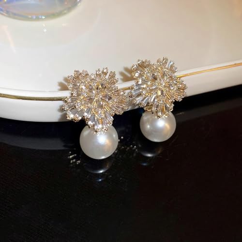 White Snowflake Rhinestone Pearls Dangle Earrings for Women, Sparkly Crystal Flowers Faux Pearls Statement Earrings Trendy Floral Jewelry Gifts4