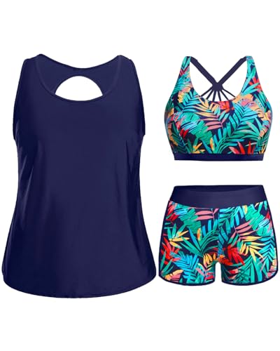 Image of Holipick Women Plus Size Swimsuits - Athletic 3 Piece Tankini with Shorts