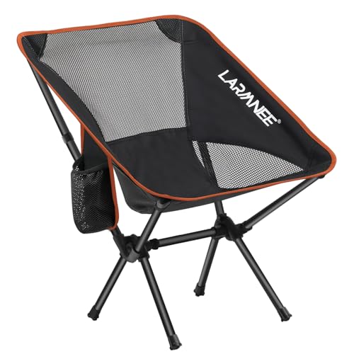 LARMNEE Sedia da Campeggio, Sedia da Pesca Pieghevole, Leggera con Tasca Laterale, Struttura in Metallo, Portante 120 kg, Borsa da Trasporto, per Picnic, Escursioni, Pesca, Nero e arancione EBY02LC02