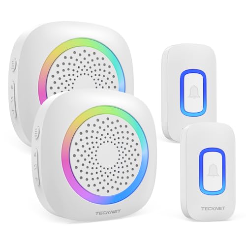 TECKNET Funkklingel Set, 400m Reichweite & IP66 Aussen Wasserdicht Haustür Klingel mit 2 Empfänger 2 Sender, Kabellose Türklingel Batteriebetrieben mit RGB-Blitz, 60 Melodien, 5 Lautstärkestufen-Weiß