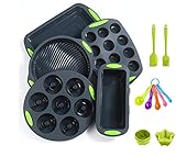 ✧✧ Komplettes Backset für Silikon-Backformen: 1 Stück runde Silikon-Kuchenform (11,2 × 9,8 × 2,4 Zoll) + 1 Stück Silikon-Toastpfanne (10,9 × 4,8 × 2,6 Zoll) + 1 Stück Silikon-Tiramisu-Schalen (13,4 × 8,3 × 1,4 Zoll) + 1 Stück Silikon 7-Loch-Donuts-Pfannen (11,1 × 10,3 Zoll) + 1 Stück Silikon 12-Tassen-Muffin-Cupcake-Pfanne (11,8 × 8,1 × 1,1 Zoll) + 2 Stück Silikonbürste + 10 Stück Silikon-Cupcake-Form + ein Satz Messlöffel