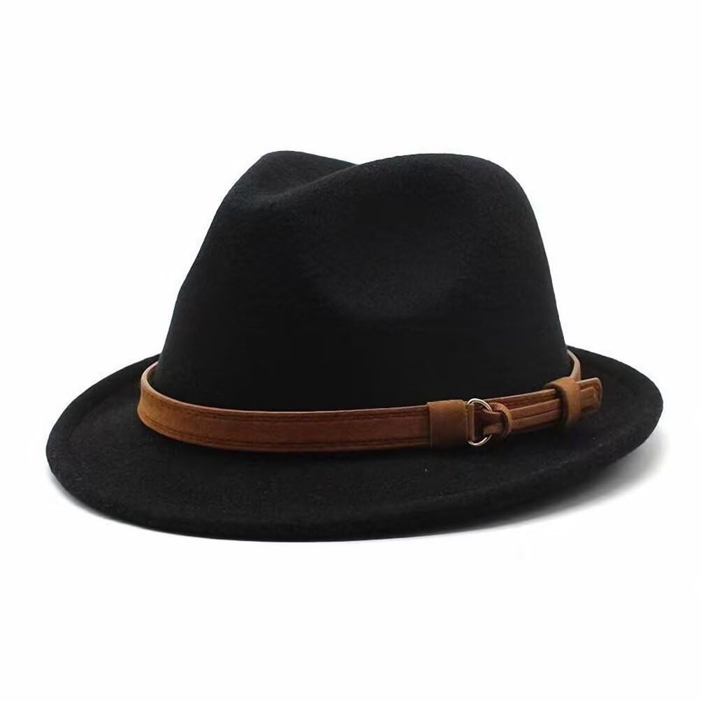 Plancholo Men's Black Classic Jazz Hat Winter Fedoras Panama Hat Dress Fedora Hat With Belt For & Wo Porkpie Hats