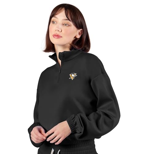 NHL Pittsburgh Penguins Women's Cropped Quarter-Zip Pullover, Lightweight Sweatshirt with Long Sleeves and Relaxed Fit, Perfect for Layering, Casual Wear, Gym, Travel, and Everyday Outfits, Medium