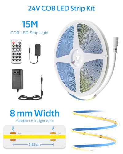 Image of Aclorol 50FT White LED Light Strip COB 24V with Remote Cold White 6000K | Dimmable Rope Light with App Control, 8mm Width for Bedroom Shelf Cabinet Living Room, Flexible and Cuttable, 320 LEDs /M