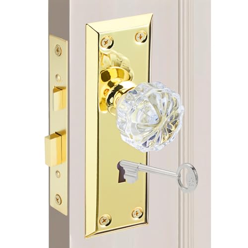 MaxxGeek Antique Mortise Keyed Lock Set with Glasses Knobs. Replacing Vintage Door Knob Sets with Skeleton Keys, Fits 1-3/8"-1-3/4" Interior Doors, Backset 2-3/8", Gold/Polished Brass, 1 Pack by MaxxGeek - Used condition - US$23.40