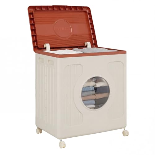 COSTWAY Boite Rangement Plastique avec Couvercle 122L, Caisse Rangement Pliable, 4 Roulettes, Fenêtre Transparente, Bac Armoire Plastique pour Vêtement, Jouets,...