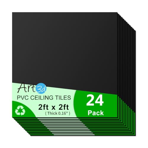Image of Art3d 24 inchx24 inch Smooth Drop Ceiling Tiles (48 Sq.Ft), 12-Pack 2ft x 2ft PVC Tiles for Home and Office, Waterproof and Reusable Plastic Ceiling, Black