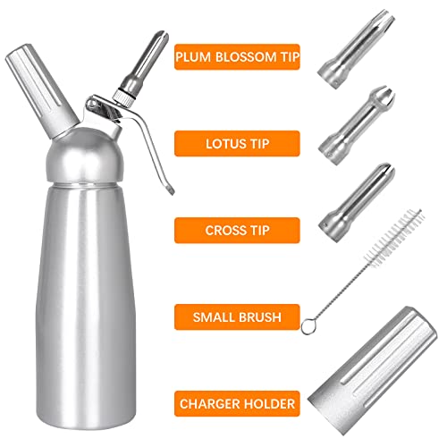 Foto von upstartech Sahnespender 500ml, Sahnesyphon Sahnebereiter mit 3 Edelstahldüsen und 1 Reinigungsbürste, Schlagsahnebereiter Sahne-Aufschlager für Köstliche Schlagsahne und Desserts