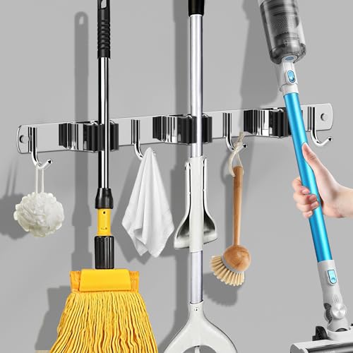 Jarcieria, Tools Organizador de Escobas,RUISTLI Organizador de Escobas y Trapeadores,Porta Escobas Acero Inoxidable,Colgador de Escobas y Trapeadores,con 4 Ganchos y 3 Estantes...