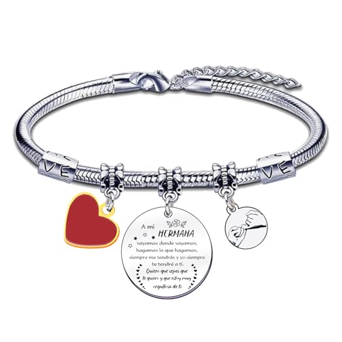 FGHJK Pulsera de Plata con Dijes de Flor y Mensajes para Hermana, Colgantes Decorativos con Frases en Español, Joya Sentimental Regalo Hermana Cumpleaños Navidad (1)