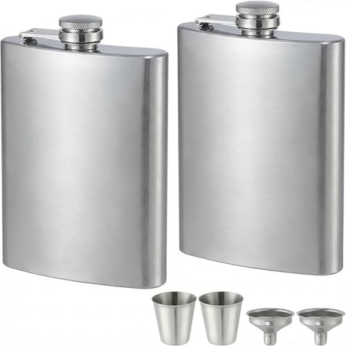 ROMROC 2 Pack Hip Flasks for Liquor Matte Black 8 Oz Stainless Steel Leak-proof Thin Flasks with 2pcs Funnels and Cups for Wedding Party, Groomsman, Bridesmaid, Gift（Silver）