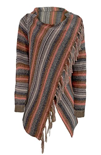 Image of Women's Open Front Knited Tassels Slash Loose Cardigan Crew Neck Speckled Fringe Sweater Outwear
