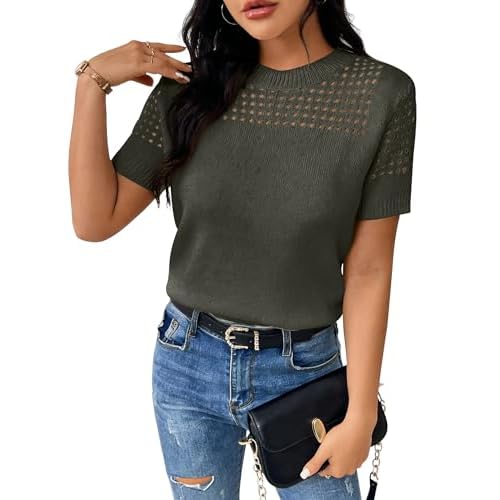 Short Sleeve Sweaters for Women 2026 Casual Crewneck Summer Shirts Lightweight Hollow Out Knit Sweater Tops