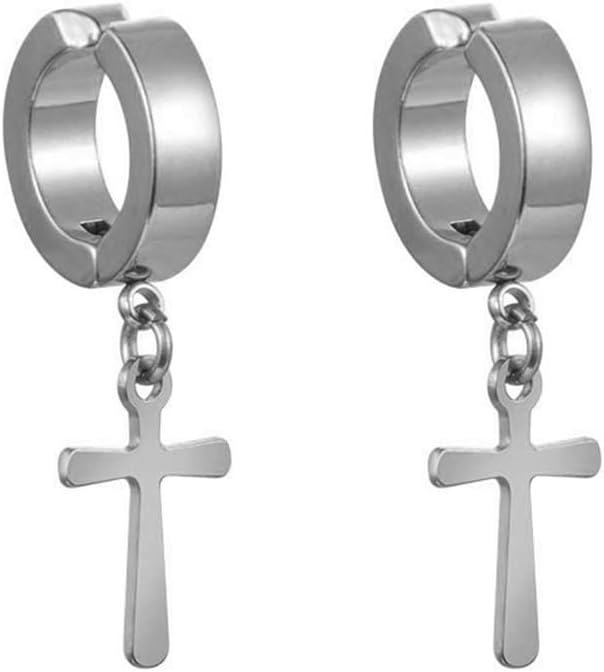 Gold Silver Cross Clip On Earrings Drop Dangle Set for Women Men Cross Titanium Steel Hoop Dangle-Silver
