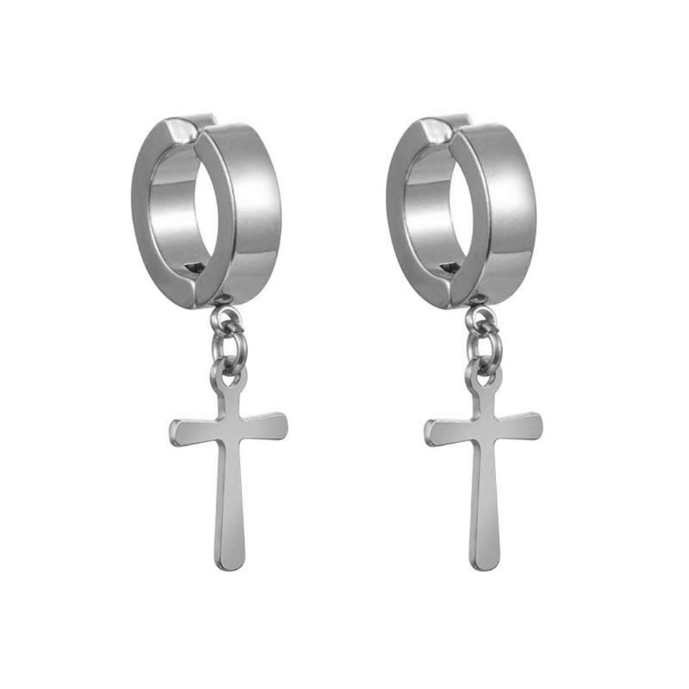Gold Silver Cross Clip On Earrings Drop Dangle Set for Women Men Cross Titanium Steel Hoop Dangle-Silver, Metal, No Gemstone-image-9