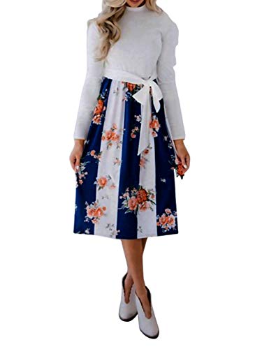 Women's Long Sleeve Floral Patchwork Crew Neck Casual Tie Dresses with Pockets, Blue, Size XL