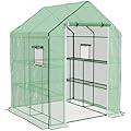 Outsunny 4.6' x 4.7' Portable Greenhouse, Water/UV Resistant Walk-in Small Outdoor Green House with 2 Tier U-Shaped Flower Rack Shelves, Roll Up Door & Windows, Green