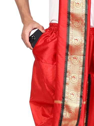 Image of Rameshwaram Fabrics Readymade Dhoti for Men, Velcro Style Stitched Mens Silk Dhoti Pant with Stole Set