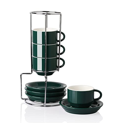 Sweejar Porcelain Espresso Cups with Saucers, 2.5 Ounce Stackable Cappuccino Cups with Metal Stand for Coffee Drinks, Latte, Tea - Set of 4 (Jade)