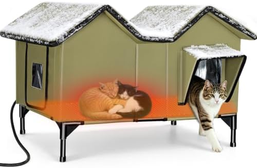 Beheiztes Katzenhaus Outdoor Winterfest, extra großes isoliertes Katzenhaus für draußen mit Heizpolster und Fluchttür, geräumiger Katzenunterstand für mehrere Katzen und Hunde, erh