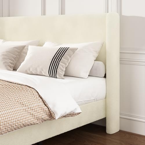 Queen Bed Frame, Boucle Upholstered Platform Bed with Iron & Wood, Beige - image 4
