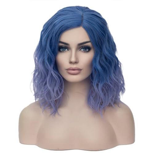 BERON Blue Wigs for Women Short Curly Wavy Wig Girls Blue Ombre Colored Heat Resistant Synthetic Hair Wig for Costume Cosplay Party or Daily Use
