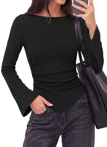 Okiwam Womens Bell Long Sleeve Shirts Boat Neck Asymmetrical Tops,Black,L - image 5