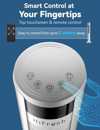 Image of HIFRESH 110CM Tower Fan for Room, Remote & Touch, 3 Speeds &3 Modes, 7H Timer, 25dB Silent Operation, High Speed Bladeless Fan for Home, 65 Oscillation Cover Room up to 25㎡, 50W Low Power Consumption