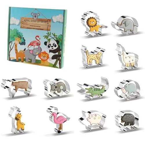 Juego de 12 moldes de galletas en forma de animal, de acero inoxidable de alta calidad (león, cocodrilo, cerdo), apto para alimentos, herramientas de horneado para niños, regalo creativo para familias