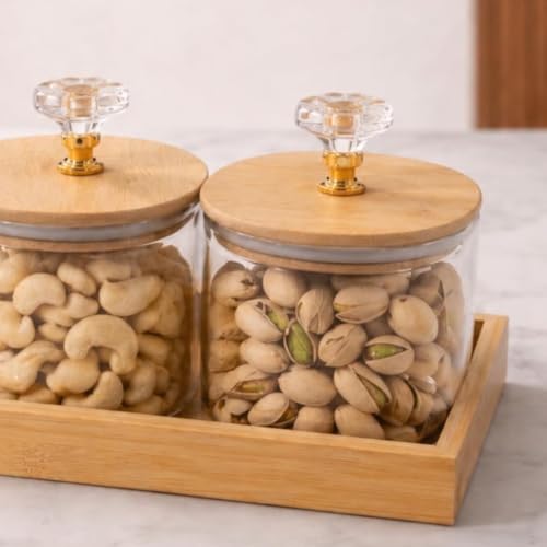 Image of Borosilicate Transparent Glass Storage Jar Set with Bamboo Tray, Set of 3 (500ml) Airtight Round Glass Containers with Bamboo Lids & Silicone Seal, Dry Fruit Storage Jars for Spice