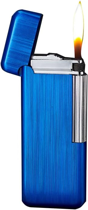 Slim soft flame lighter with Vertical Ignition Roller, Windproof Portable Slim Pocket Lighter, Metal Drawing Lighter,Wheel Flint Ignition Creative Gifts for Men (Blue)