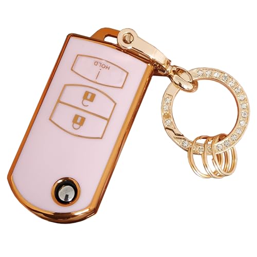 TAPAYICA For Mazda Key Fob Shell Keyless Remote Smart Key Fob Cover With Keychain Fit for Mazda CX-5 CX-7 CX-9 MX-5 MPV RX-8 (3B-Gold-Pink)