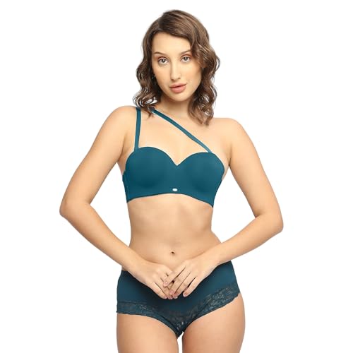 Image of SOIE Women Medium Coverage Padded Wired Thirst Lace Bra with Mid Rise Lace Shorty Cheeky Panty Lingerie Set